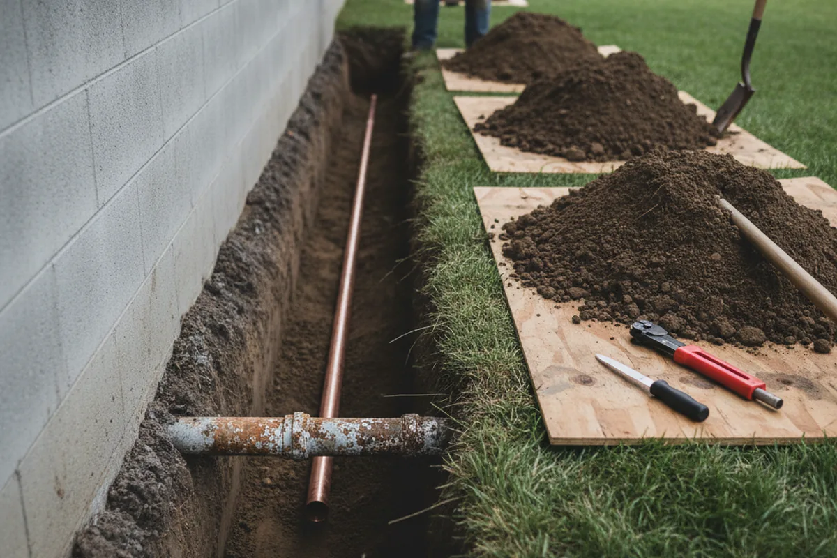 Excavated water line trench during Water Softener Installation in Mc Gill